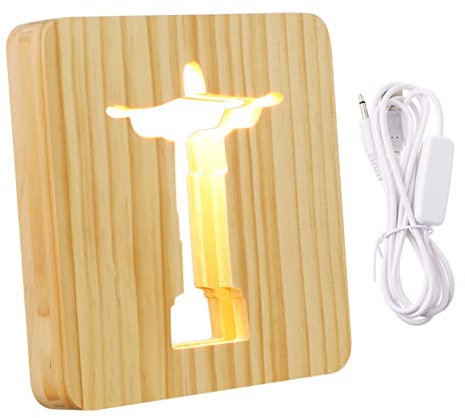 HOMSFOU jesus massivholz nachtlicht Schreibtischlampen Jesus Schreibtischlampe USB-Nachtlicht Jesu Kreuz Acryl 3D- Gravur Licht aushöhlen hölzerne Lampe Handwerk Licht kreuzen