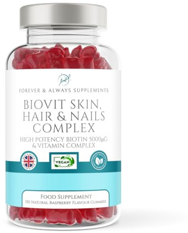 Hair Skin & Nails Gummies, 150 Vegan Raspberry Flavoured Biotin Hair Growth Gummies, high Strength 5000ug of Biotin & 13 Essential Vitamins for Women and Men