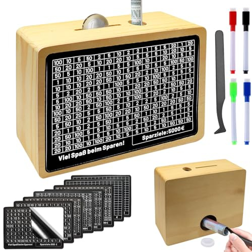 KIKVTER Spardose, Spardose Holz, Spardose mit Zähler, Sparbox mit Zahlen Ankreuzen, Sparschwein mit Sparziel, Sparbox, Spardosen €500 €1,000 €2,000 €3,000 €5,000 €10,000 Euro Keine Montage