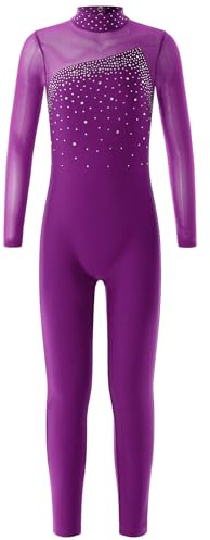 Eandarui Turnanzug Ganzkörper Mädchen Langarm Strass Glitzer Voltigieranzug Kinder Sportbody Gymnastik Trikot Stehkragen Leotard Mit Cut Out Tanzkleidung