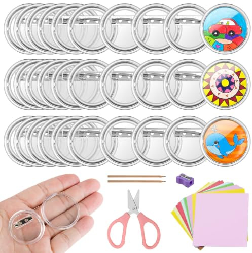VEPEPE 30 Pack Transparent Self-Made Button Badges with Safety Back Pins | DIY Customizable Pin Buttons for Clothes, Photo Decor and School Art Projects