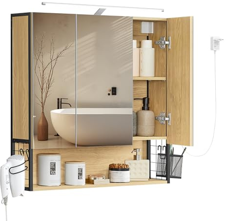 VASAGLE Badrumsskåp med LED-belysning, 14,5 x 70 x 70 cm, Insticksuttag, Hängande korg, Hårtorkhållare, Spegelskåp, Badrumsskåp, Väggskåp, För Badrum, Naturlig Ek BBK124Y01