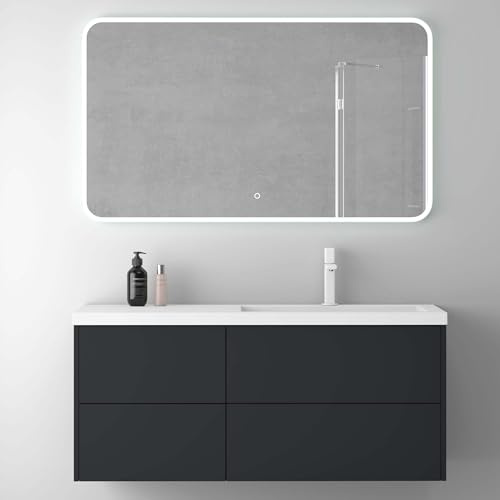 Mai & Mai Badmöbelset 120cm Waschbeckenunterschrank mit LED-Badspiegel | Waschtisch mit Unterschrank Anthrazit matt inkl. Soft-Close 4 Schubladen, Badezimmermöbel Moment