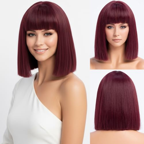 SIMKAYLEE Rote Perücke Bob Glatt Pony Perrücke Damen Rot Kurz Frauen Schulterlang Haare Perücken Weinrot Burgunder für Karneval Fasching Halloween Cosplay Kostüm Anime Den Alltag Red Wig Short (30cm)