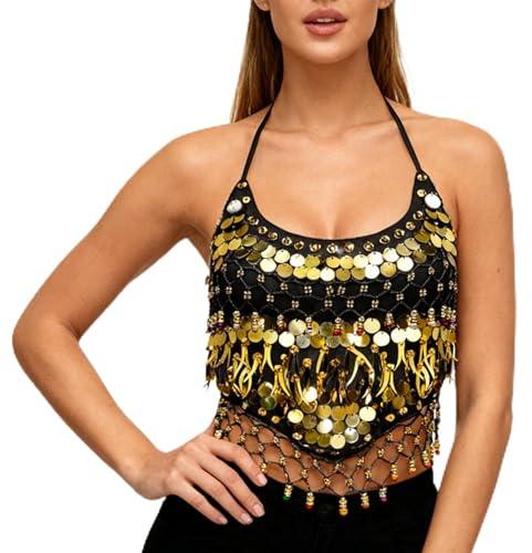Baisdan Women's Belly Dance Crop Top Adjustable Sequin Halter Dance Bra Belly Dancer Costume Black