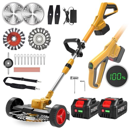 Rasentrimmer mit Akku und Unkrautbürste, Akku Rasentrimmer für Makita-Akkus mit 5 Klingentypen und 2 x 4.0Ah Bürstenlose Freischneider Akku für Garden Trimmen
