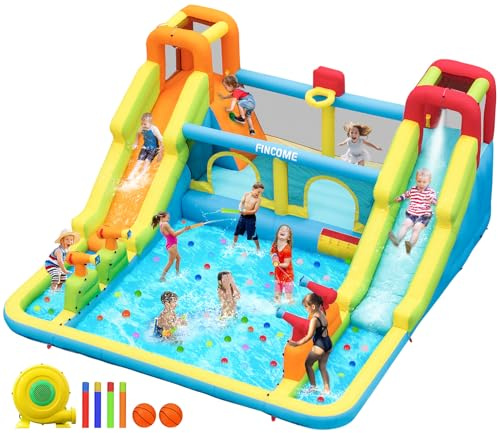 FINCOME Inflatable Bounce House for Kids, Water Bounce House with Double Slides Outdoor Indoor, Jumping Bouncy Castle with Air Blower for Park Backyard Party Birthday (with 750W Blower)
