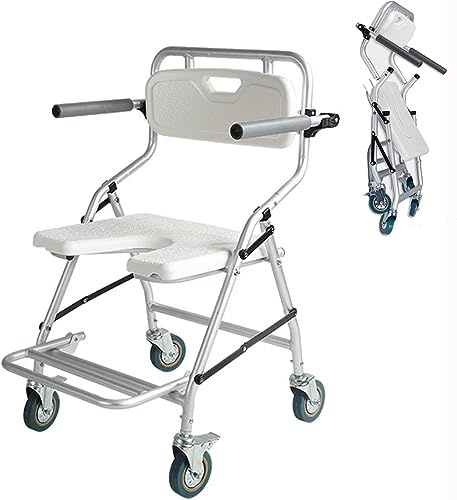 Rollstuhl Dusche Badhocker Faltbar mit Rollen für Ältere und Behinderte Duschhocker mit hochklappbaren Armlehnen und ergonomischer Rückenlehne - Rollstuhl + Duschstuhl Zwei in Einem
