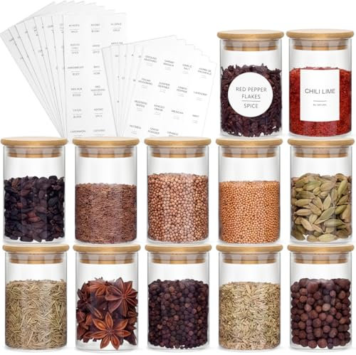 BATINO 12Set Glass Spice Jars with Lids and Labels, Bamboo Spice Jars, 200ml Airtight Jars Round Glass Storage Jars Spice Storage Containers Glass Seasoning Jars for Spice, Salt, Sugar, Seeds, Nuts
