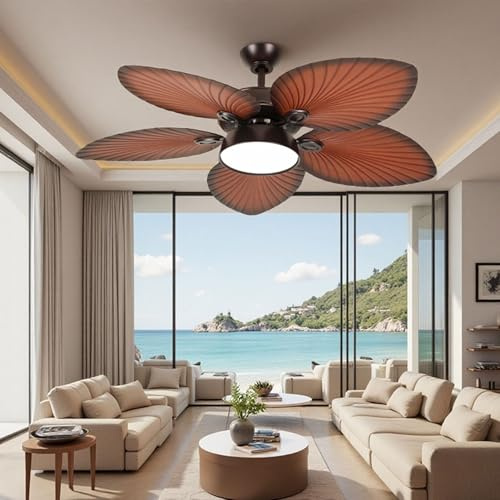 YITAHOME Tropical Ceiling Fans with Lights, 52 Palm Leaf Ceiling Fan with LED Light and Remote, 6 Speed Reversible Quiet DC Motor, 6''/12'' Downrods for Living Room​, Dining Room, Bedroom