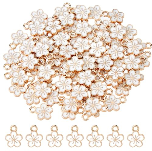 DICOSMETIC 80 ciondoli di fiori smaltati all'ingrosso con fiori bianchi da 11,3 x 9 x 1,5 mm con fiori di ciliegio dorati, piccoli ciondoli a forma di fiore in lega per il fai da te di gioielli, foro