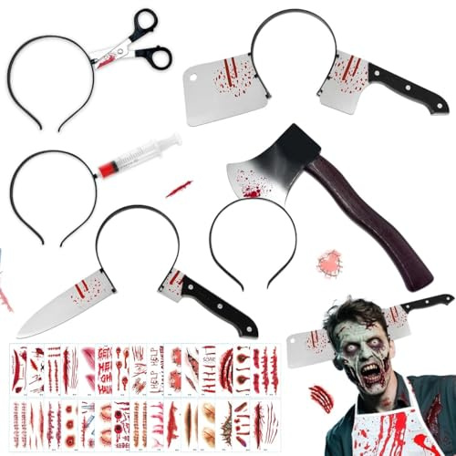 WELLXUNK 5 PCS Bandeau d'Horreur Halloween, Serre Têtes d'Halloween Effrayants avec 30 Tatouages Cicatrices Halloween, Bandeau Hache Halloween pour Femmes et Hommes Carnaval Cosplay Mascarade
