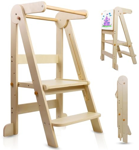 Uuoeebb Foldable Learning Tower, Wooden Step Stool for Kids with 3 Adjustable Height, Kitchen Folding Learning Tower for Child with Magnetic Whiteboards 1-6 Years Children Stool