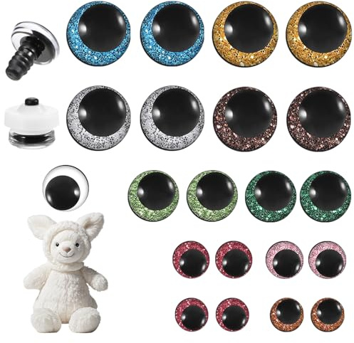 LXUEJIE 20 Stück Glitzer Sicherheitsaugen, 12-20mm Glitzer Augen für Häkeltiere Bunt Sicherheitsaugen Kunststoff Bastelaugen für Stofftiere Puppe Plüschtier