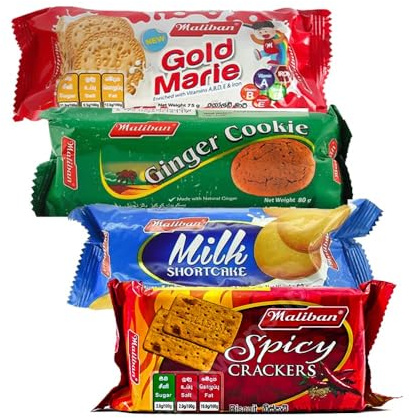 Maliban Biscuits Combo Spicy Cream Crakers 85G, Milk Short Cake 80G, Gold Marie 75G and Ginger Nut 80G Tea Time Snacks Product of Srilanka