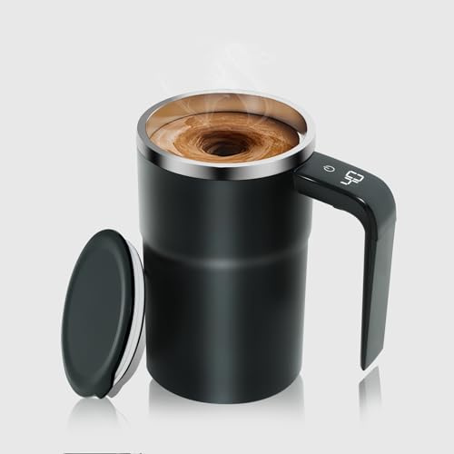 Self Stirring Coffee Mug 12 Oz with Lid, 316 Stainless Steel Automatic Magnetic Mixing Cup with a Built-in Lcd Thermometer & Handle, Rechargeable Electric Coffee Stirrer, Gift for Men and Women
