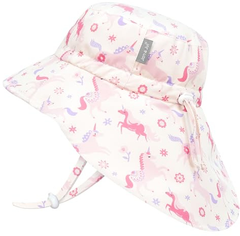 Jan & Jul Mädchen Schnell trocknender Sonnenhut mit Nackenschutz für Schwimmen, Abenteuermütze für Kinder (XL: 5-12 Jahre, Einhorn)