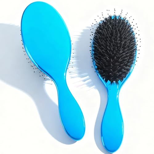 Anti-Static Boar Bristle Hair Brush for Curly & Frizzy Hair | Natural Bristle Detangling Brush | Gentle on Wet & Dry Hair, Reduces Breakage & Adds Shine (blue)