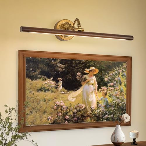 VitaLink Picture Lights for Wall, Remote Control Hardwired Artwork Picture Lighs 27.5” Long Retro Gold Wall Paintings Display Lighting Swing Arms Wooden Wall Lamp Bathroom Vanity Light Dimmable