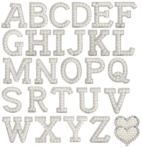 Pearl Rhinestone Letter Patches,Self Adhesive A-Z,26 Pieces with 2 Heart Symbols, DIY Gift,Stick on for Clothes,Fabric,Backpack,Party(White)