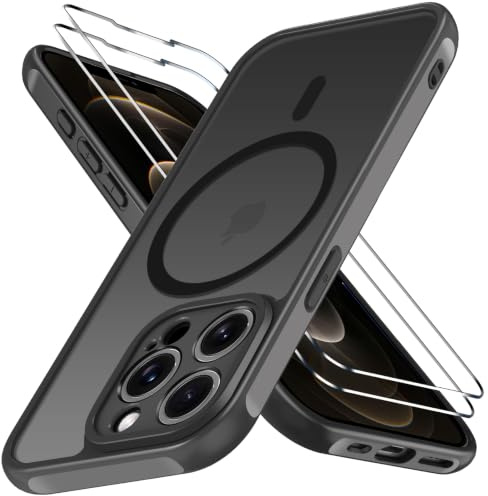 ivoler 3 in 1 Magnetisch Hülle für iPhone 12 Pro Max, Matt Schwarz | mit 2 Stück Panzer Schutz Glas, Vollständiger Kameraschutz, Silikon , militärischer Schutz, kratzfest, schmale