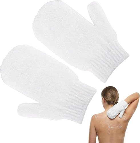Exfoliating Gloves, 2pcs Bath and Body Exfoliator Mitts, Bamboo Shower Gloves, Scrubs Away Ingrown Hair and Dead Skin, for Shower, Spa, Massage and Dead Skin Cell Remover Loofah (White)
