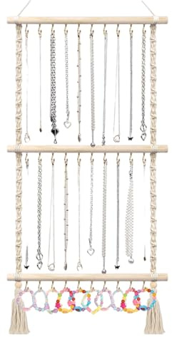 Vistnale Organisateur de bijoux suspendu, porte-collier à 3 niveaux avec 30 crochets, support à bijoux mural avec pompon pour colliers, bracelets, boucles d'oreilles | Organisateurs de suspendus