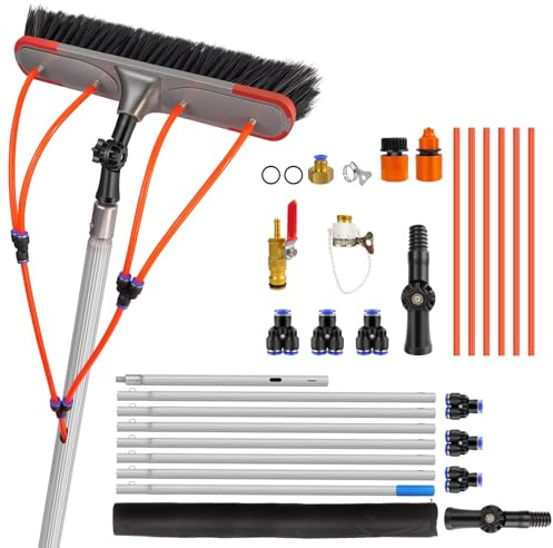 7m/23FT Aluminium Telescopic Cleaning Brush with Water Hose for Solar Panels, Water Fed Window Cleaning Pole Kit with180° Adjustable Angle, 35cm Brush Head & Accessories, Lightweight Washing Tool