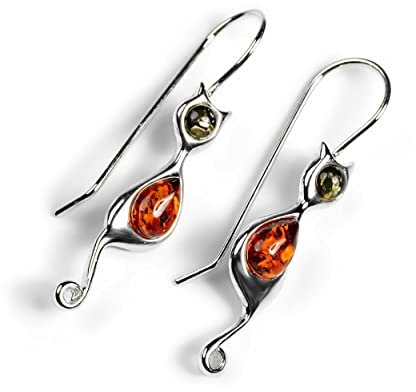 HENRYKA Drop Hook Cat Earrings in 925 Sterling Silver with Cognac & Green Amber | 30mm x 5mm Classy Kitten Drop Earrings with Presentation Box | Great Gift for Cat Lovers | Hypoallergenic Earring Set