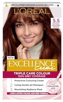 L'Oréal Paris Excellence Crème Permanent Hair Dye, Radiant At-Home Hair Colour with up to 100% Grey Coverage, Pro-Keratin, Up to 8 Weeks of Colour, Colour: 5.5 Natural Mahogany Brown