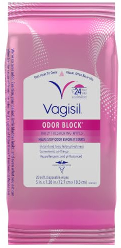Vagisil Odor Block Daily Freshening Wipes for Feminine Hygiene in Resealable Pouch, Gynecologist Tested & Hypoallergenic, 20 count (Pack of 1)