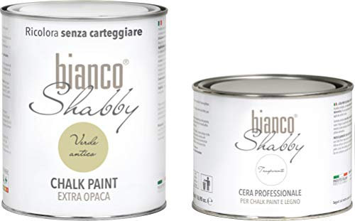 CHALK PAINT Altgrün & NEUTRAL - Shabby Chic Farbe (1 Liter) + Professionelles Wachs (500 ml)