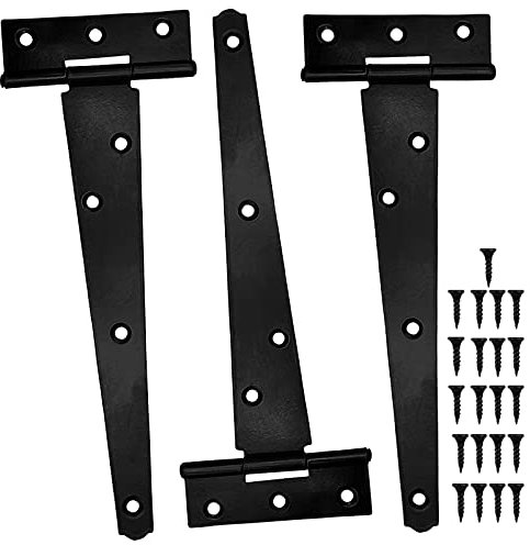 3 Pack T Strap Hinges, 12 Inch 300mm Heavy Duty Metal Shed Tee Hinge With Screws for Door, Garden Gate, Barn, Fence, Windows - Black