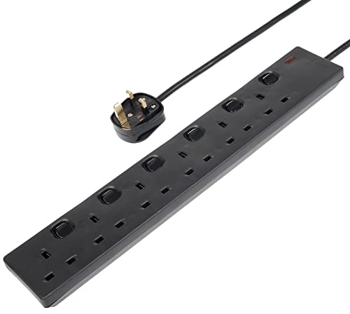 Invero 6 Way Gang Individually Switched Power Mains Extension Lead Cable 2M Metre British Approved 13A Amps - Black