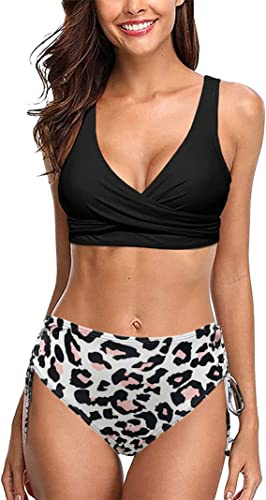 Dambikini 2 stycken dambaddräkt tvådelad Tether halterneck bikini smal passform baddräkt med remmar, leopard, L