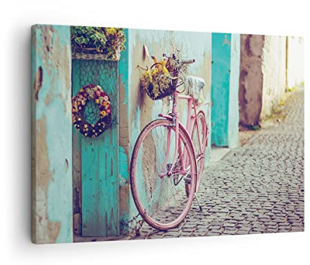 Bilder auf Leinwand Rosa Fahrrad Vintage Leinwandbild mit Rahmen 70x50cm Wandbilder Dekoration Wohnzimmer Schlafzimmer Küche Deko Klein Wanddeko Bild Wand Kunstdruck Art Wall Decor Canvas AA70x50-4471