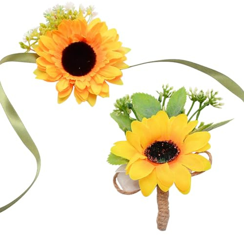 craspire 2 Stück Sonnenblume Handgelenk Corsage Hochzeitsblumen Zubehör Künstliche Blume Handgelenk Ansteckblume Knopflöcher Blumen Handgelenk Corsage Bräutigam Und Bräute Hochzeit Blumen Zubehör