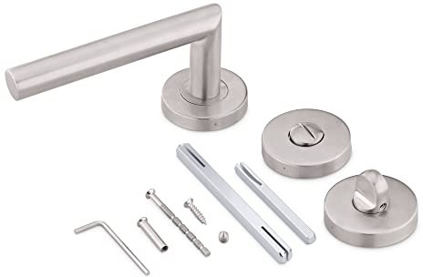 Navaris Türgriff Beschlag mit WC Rosette - Türklinke Drückergarnitur Innentüren aus Edelstahl - Badezimmertür Griffe aus Metall - Tür Griff mit 8mm Spindel