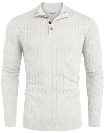 COOFANDY Stickad tröja för män, smal passform, polotröja, finstickad tröja med ståkrage för män, vinter, långärmad tröja, dragkedja, knappslå, Ren vit, XL