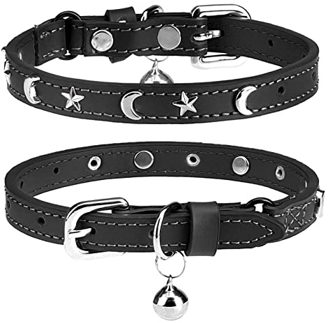 Collari in pelle DILLYBUD per gatti maschi e femmine con campanellino e cintura elastica di sicurezza, con stelle e luna personalizzate, regolabili, fibbia sicura per gattini, taglia piccola e grande