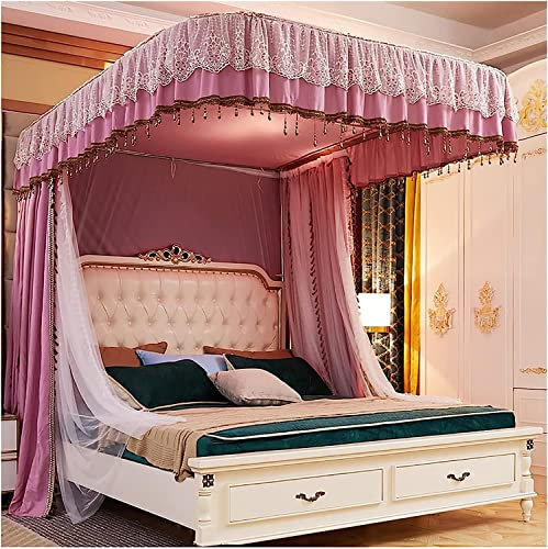 AFLCIO Prinzessin Bettvorhang Himmelbett Vorhänge mit U-förmiger Schienenhalterung Moskitonetz für Queensize-Bett für Mädchen Erwachsene Geschenk (Größe: 200 x 180 x 215 cm, Farbe: Pink)