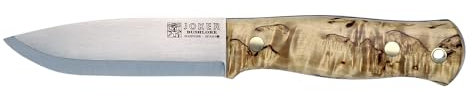 Joker Cuchillo de monte enterizo Scandi Bushlore CL138, mango de abedul rizado, hoja de 11,5 cm, con funda de cuero marrón, herramienta de pesca, caza, camping y senderismo.