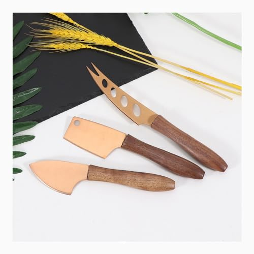 Juego De 3 Piezas Con Mango De Nogal, Cuchillo Para Queso De Acero Inoxidable, Cuchillo Para Hornear Mantequilla, Juego De Herramientas Para Queso (Oro)