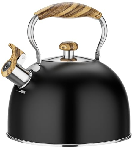 Chefbar 2.6 Quart Whistling Tea Kettle for Stovetop, Food Grade Stainless Steel with Cool Wood Pattern Handle, Induction Compatible, Black
