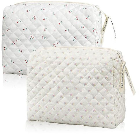 LURVOUS 2 Stück Reise Kosmetiktasche, Große Baumwolle Kosmetiktasche Florale Schminktasche Gesteppte Kulturtasche Make Up Bag für Damen, Cosmetic Bag Make Up Tasche für Reisen