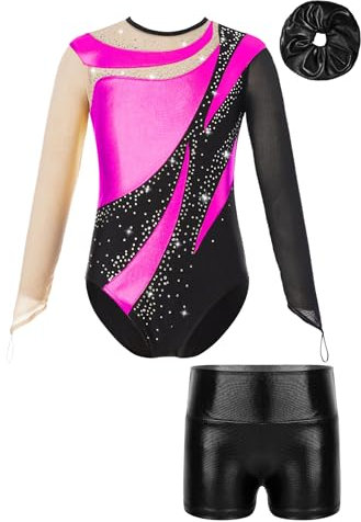 iiniim Kinder Mädchen Turnanzug Gymnastikanzug Trikotanzug Glänzend Gymnastik Leotard mit Shorts Haarband Wettbewerb Tanzkostüm Dunkel Rosa&Schwarz 170-176