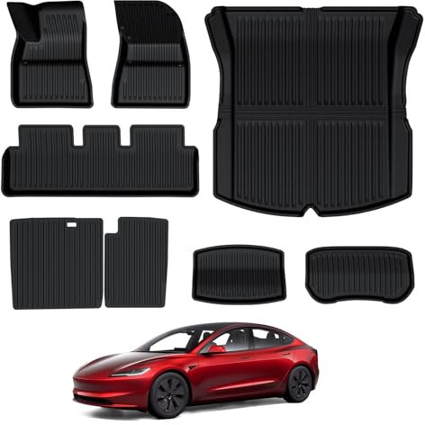 BASENOR 8PCS Fußmatten für 2024 2025 Tesla Modell 3, Allwetter 3D Material Cargo Car Kofferraum Matten Front Heck Cargo Liner für Modell 3 Highland Zubehör