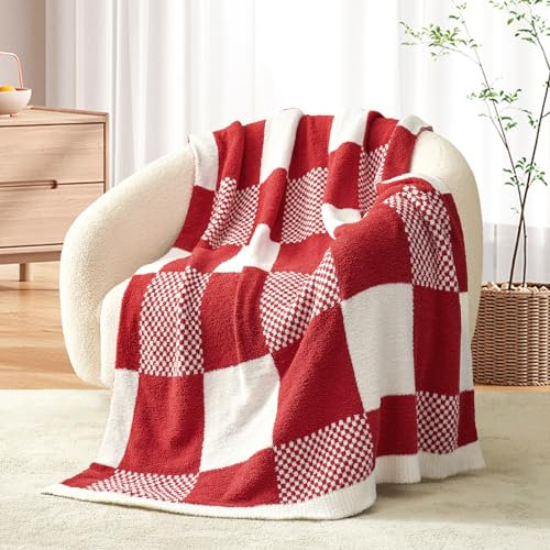 Snuggle Sac Karierte Decke, Buffalo Plaid Checker, Lux Soft, Fuzzy Cozy, Reversible Strick, Rot-Weiß, 152,4 x 203,2 cm