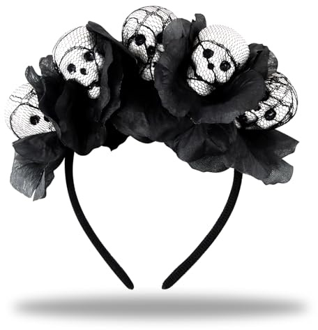 Totenkopf Haarreif, delly Blumen Haarreif Tag der Toten, Haarband mit Schwarzen Rosen, Haarschmuck Halloween Haarreifen, Haarkranz Blumen Schwarz, Kopfschmuck für Fasching