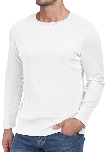 Hisir Hommes Hauts à Manches Longues UK Thermique Basique Col Rond T-Shirt Tee Hauts, blanc, L